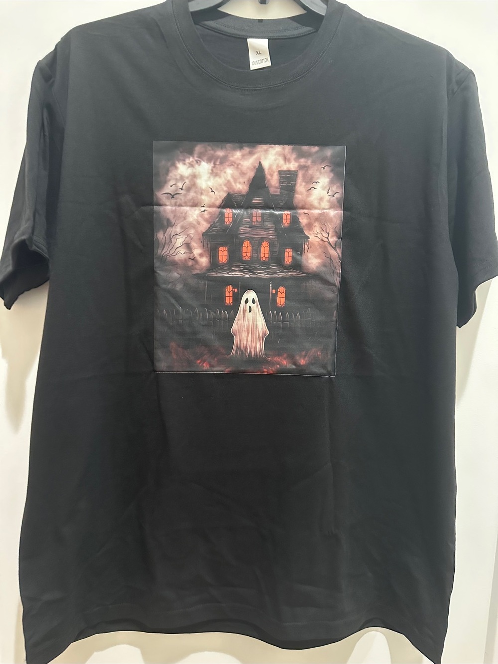 Haunted House Ghost Art Print T-Shirt - Black